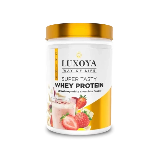 LUXOYA - SUPER TASTY WHEY PROTEIN - Prémium fehérje italpor 450 g PET - Eper-fehér csokoládé ízű