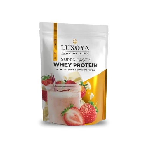 LUXOYA - SUPER TASTY WHEY PROTEIN -PRÉMIUM FEHÉRJE ITALPOR 450 g DOY - Eper-fehér csokoládé ízű