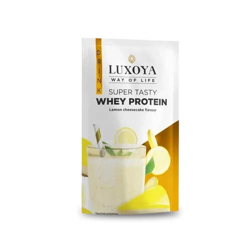 LUXOYA - SUPER TASTY WHEY PROTEIN - PRÉMIUM FEHÉRJE ITALPOR 30 g - Citromos sajttorta ízű - VALÓDI CITROMHÉJ DARABOKKAL!