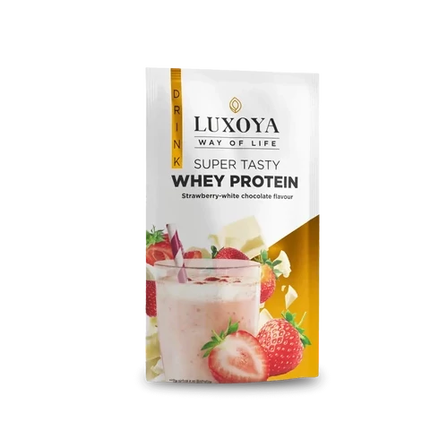 LUXOYA - SUPER TASTY WHEY PROTEIN - PRÉMIUM FEHÉRJE ITALPOR 30 g - Eper-fehér csokoládé ízű VALÓDI EPERDARABOKKAL!