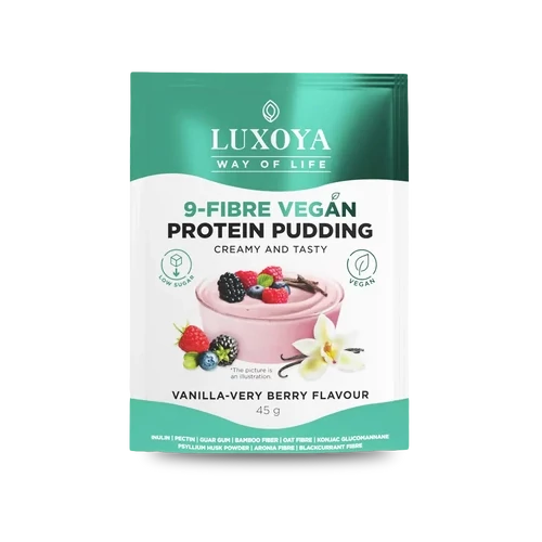 LUXOYA - 9-FIBRE VEGAN PROTEIN PUDDING - VEGÁN FEHÉRJÉT TARTALMAZÓ ROSTPUDING 45 g - Vanília-erdei gyümölcs