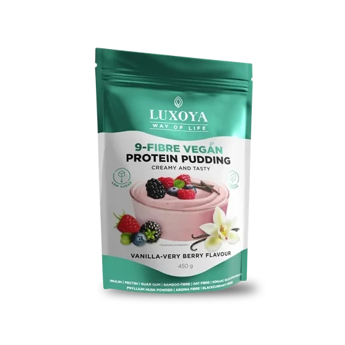 LUXOYA - 9-FIBRE VEGAN PROTEIN PUDDING - VEGÁN FEHÉRJÉT TARTALMAZÓ ROSTPUDING 450 g - Vanília-erdei gyümölcs