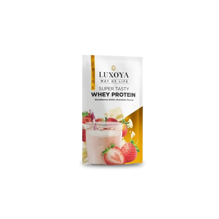 LUXOYA - SUPER TASTY WHEY PROTEIN - PRÉMIUM FEHÉRJE ITALPOR 30 g - Eper-fehér csokoládé ízű VALÓDI EPERDARABOKKAL!